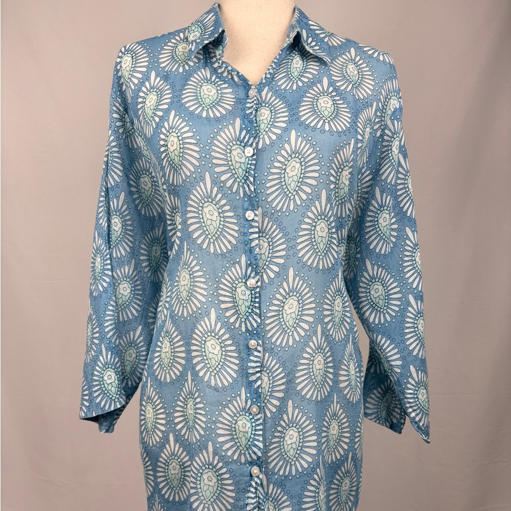 Millie Mae Blue Floral Tunic Button Down Shirt M/L Boho Coastal